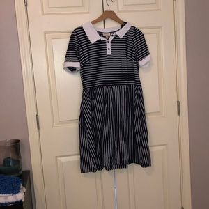 Navy blue and white striped dress.